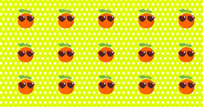 Funny animated background picture with oranges fruits in sunglasses on the yellow color screen. Wallpaper in art-pop style.