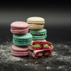 French delicious dessert macaroons on table