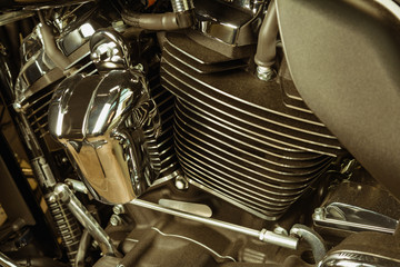 Motorcycle internal combustion engine with air cooling, close-up, detail, macro. Engine parts,...