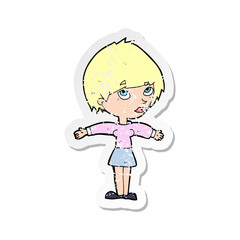 retro distressed sticker of a cartoon woman with open arms