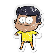 distressed sticker of a cartoon happy man