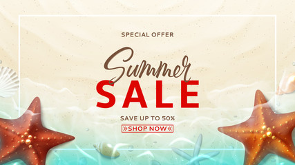 Summer sale vector design banner. Summer background with top view on realistic seashells and starfishes on beach in sea water. Vector illustration with special discount offer.