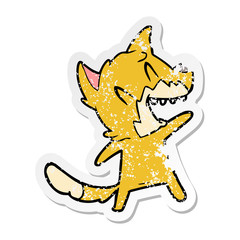 distressed sticker of a laughing fox cartoon