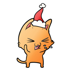 gradient cartoon of a cat hissing wearing santa hat