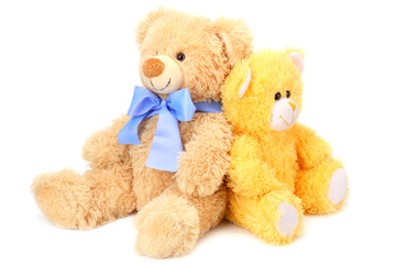 Two toy teddy bears isolated on white background