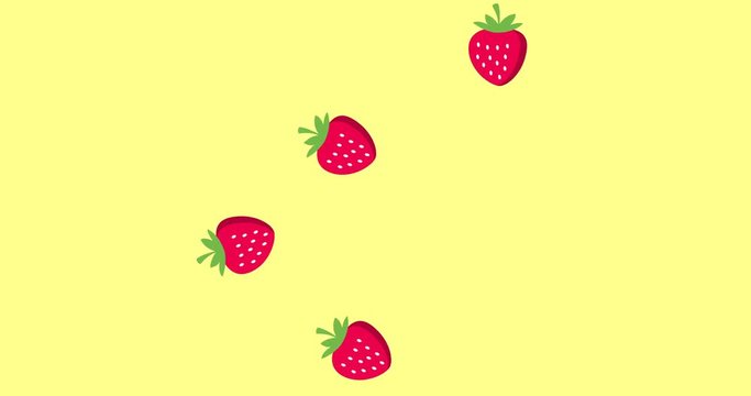 Background picture with falling strawberries on the yellow color screen. Wallpaper in art-pop style.