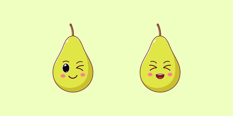 Cute Kawaii Pear, Cartoon Ripe Fruit. Vector