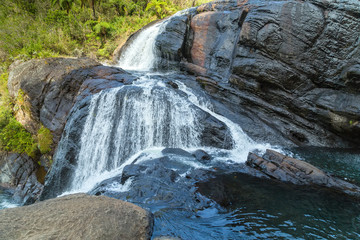 Fototapeta na wymiar waterfall and lake panorama landscape of Horton Plains National Park, waterfal Sri Lanka.