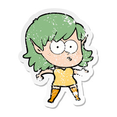 distressed sticker of a cartoon shocked elf girl