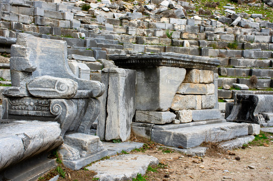 Close side view of the altar and the seat of Priene ancient theater