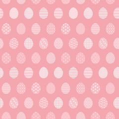 Tender pink Happy Easter seamless pattern with white decorating eggs. Coral ornamental eggs texture for Easters package, gift wrapping paper, textile, covers, background