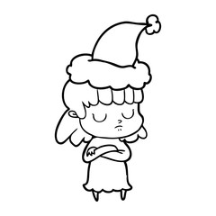 line drawing of a indifferent woman wearing santa hat