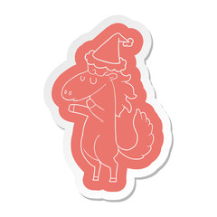 cartoon  sticker of a horse wearing santa hat