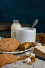 Oatmeal cookies of manual work, Books, Oatmeal Flakes, Cup of Coffee with Milk, Raisins on a light background. Breakfast Concept