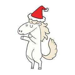 line drawing of a horse wearing santa hat