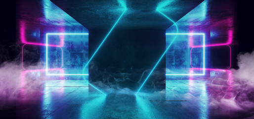 Smoke Background Neon Blue Purple Sci Fi Futuristic Fluorescent Alien Spaceship Dark Empty Grunge Concrete Corridor Tunnel Hall Room Glowing Lights Laser Show 3D Rendering
