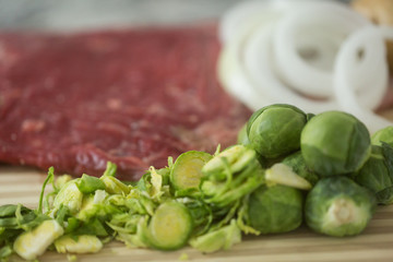 Close up of raw beef dinner ingredients