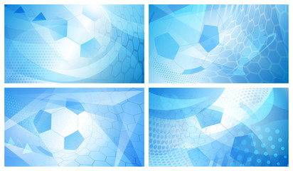 Set of four football or soccer abstract backgrounds with big ball in light blue colors