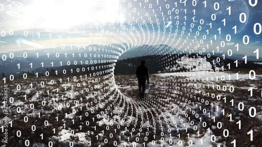 Aufkleber man walks on top of the mountain with sunny sky and artistic digital computer cyberspace tunnel back