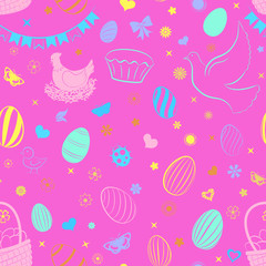 Seamless pattern of eggs, flowers, cakes, hare, hen, chicken and other Easter symbols, multicolored on pink