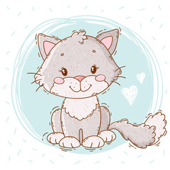 Cute card with kitten on blue background