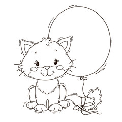 Cute kitten with balloon. Coloring book page.