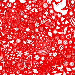Seamless pattern of eggs, flowers, cakes, hare, hen, chicken and other Easter symbols, white on red