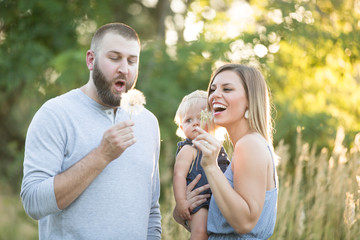 Young attractive family blowing dandelions 