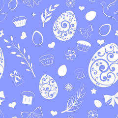 Seamless pattern of eggs, flowers, cake, gift box and other Easter symbols, white on blue