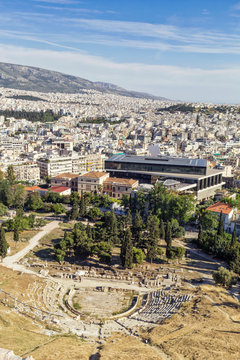 Greece, Athens, view on Theatre of Dionysus and Acropolis Museum