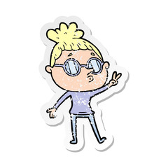 distressed sticker of a cartoon woman wearing glasses
