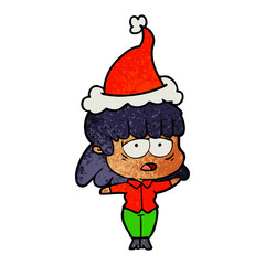 textured cartoon of a tired woman wearing santa hat