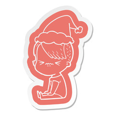 cartoon  sticker of a annoyed hipster girl wearing santa hat