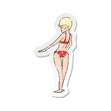 retro distressed sticker of a cartoon bikini woman