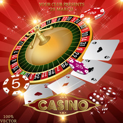 Golden text Casino Night with chips, coins, ace cards, and roulette on ray red background. Casino vegas fortune Flyer, poster or banner design Design template with sample text for promoting your event
