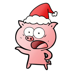 gradient cartoon of a pig shouting wearing santa hat