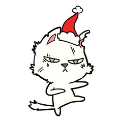 tough line drawing of a cat wearing santa hat