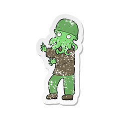 retro distressed sticker of a cartoon alien man