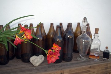 flor roja con botellas