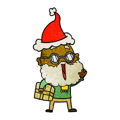 textured cartoon of a joyful man with beard and parcel under arm wearing santa hat