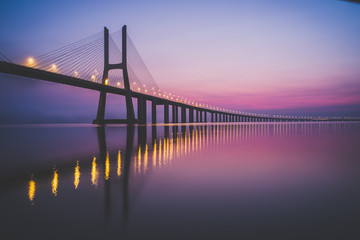 Vasco da Gama Bridge the longest bridge in Europe at Sunset