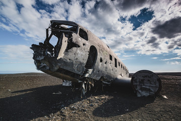 Airplane wreck from front left side. In Iceland at summer