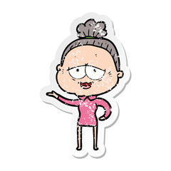 distressed sticker of a cartoon happy old lady