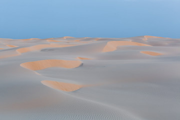 Fototapeta na wymiar Desert white sand dunes near ocean at Anna Bay, New South Wales, Australia