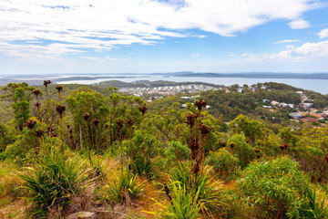 Fototapeta na wymiar Beautiful coastal views of Port Stephens from the Gan Gan Lookout. Nelson Bay, New South Wales, Australia