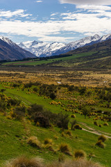 Fototapeta na wymiar Vast valley with mountain range on the horizon, shadow play on mountain hills and dramatic sky during warm and sunny day, peaks covered with snow, road and green grass in the foreground