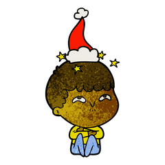 textured cartoon of a amazed boy wearing santa hat