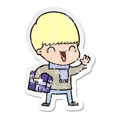 distressed sticker of a happy cartoon boy