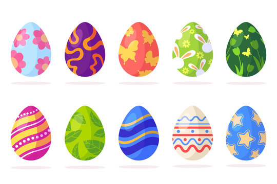 Set of Easter eggs with different patterns isolated on white background. Traditional easter element in flat cartoon style. Spring holiday. Vector illustration.