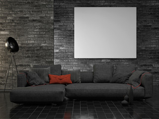 Mock up poster, dark interior concept, brick wall background, 3d render, 3d illustration